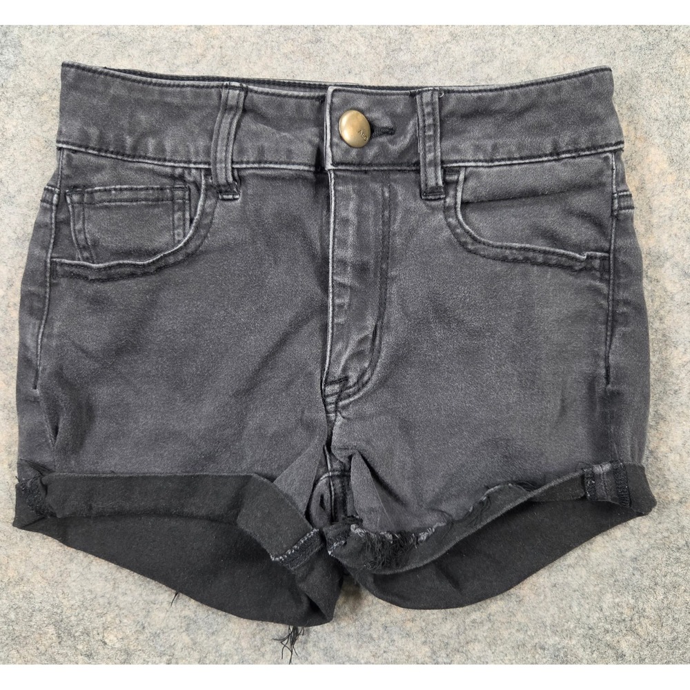 American Eagle Hi-Rise Shortie Black Sateen Denim Shorts Size 0 Super Stretch